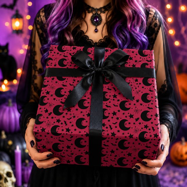 Pink Black Celestial Crescent Moon Halloween Patte Wrapping Paper (Creator Uploaded)