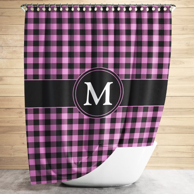Pink & Black Checked Pattern Monogram Personalize (Modern Pink Plaid Pattern Monogram Shower Curtain)