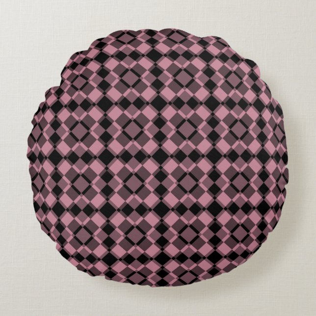 Pink Black Checker Argyle Pattern Round Pillow (Front)
