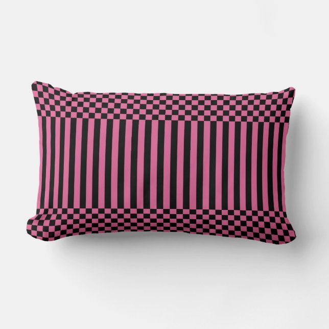 Pink & Black Checkers & Stripes Repeat Pattern Lumbar Pillow (Front)