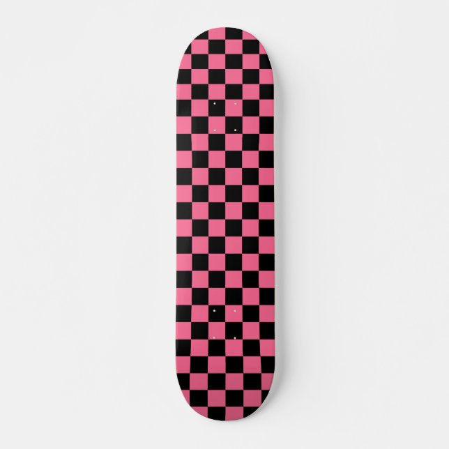 Pink Black Chequered Check Pattern Skateboard (Front)