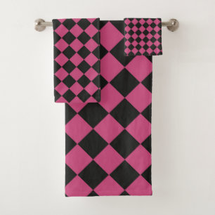 Pink Black Chequered Diamond Pattern  Bath Towel Set