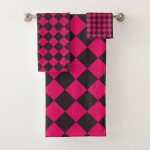 Pink Black Chequered Diamond Pattern  Bath Towel Set