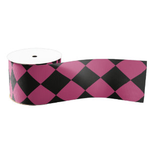 Pink Black Chequered Diamond Pattern Grosgrain Ribbon