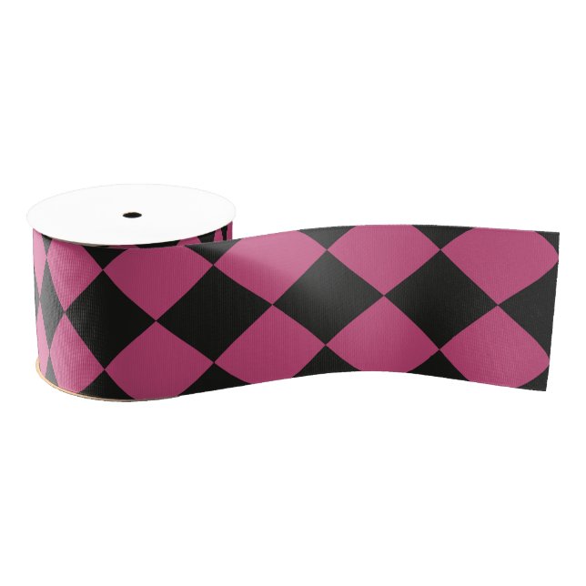 Pink Black Chequered Diamond Pattern Grosgrain Ribbon (Spool)