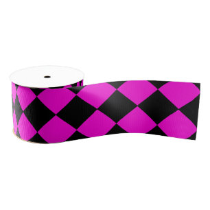 Pink Black Chequered Diamond Pattern Grosgrain Ribbon
