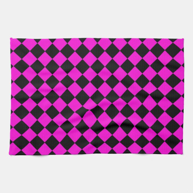 Pink Black Chequered Diamond Pattern  Kitchen Towel (Horizontal)