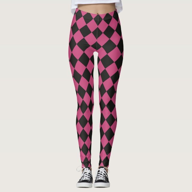 Pink Black Chequered Diamond Pattern  Leggings (Front)
