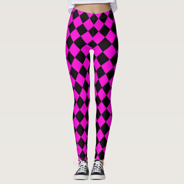 Pink Black Chequered Diamond Pattern  Leggings (Front)