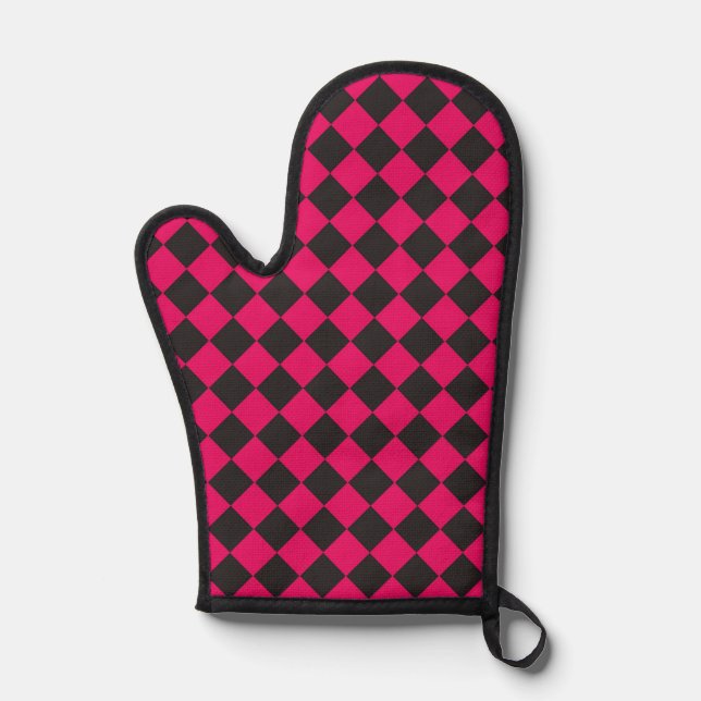 Pink Black Chequered Diamond Pattern Oven Mitt (Front)