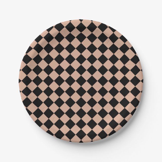 Pink Black Chequered Diamond Pattern Paper Plate (Front)