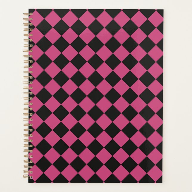 Pink Black Chequered Diamond Pattern  Planner (Front)