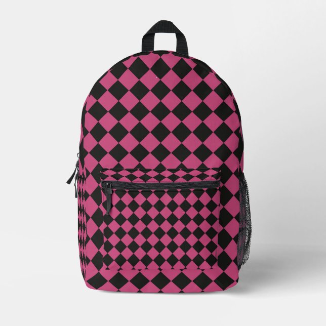 Pink Black Chequered Diamond Pattern Printed Backpack (Front)