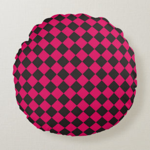 Pink Black Chequered Diamond Pattern Round Pillow