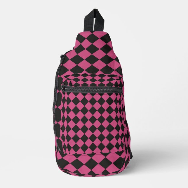 Pink Black Chequered Diamond Pattern Sling Bag (Front)