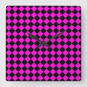 Pink Black Chequered Diamond Pattern Square Wall Clock