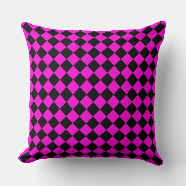 Pink Black Chequered Diamond Pattern Throw Pillow (Front)