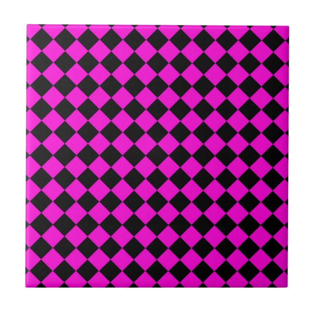 Pink Black Chequered Diamond Pattern Tile (Front)