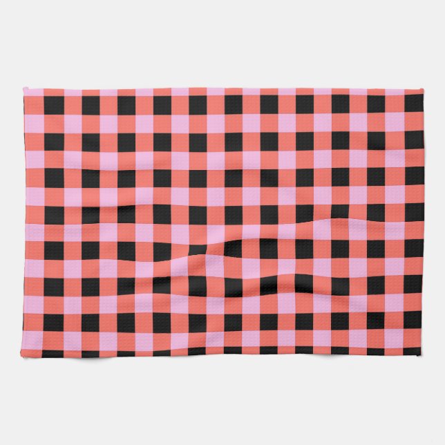 Pink Black Chequered Gingham Pattern Kitchen Towel (Horizontal)