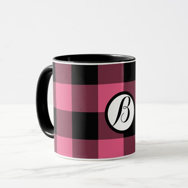 Pink & Black Chequered Squares Buffalo Plaid Mug (Front Left)