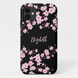 Pink Black Cherry Blossom Monogram iPhone 11 Case