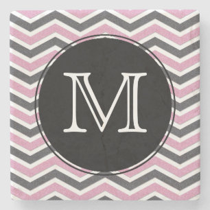 Pink & Black Chevron Monogram Stone Coaster