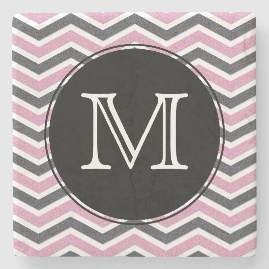 Pink & Black Chevron Monogram Stone Coaster