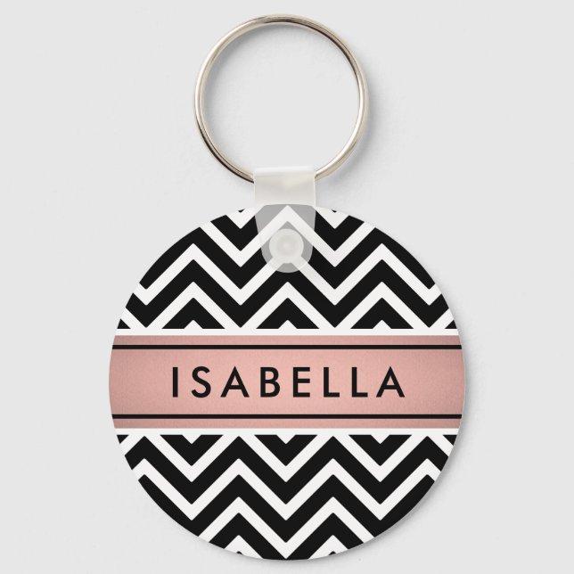 Pink & Black Chevron Pattern Girly Faux Rose Gold Keychain (Front)