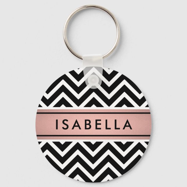 Pink & Black Chevron Pattern Girly Faux Rose Gold Keychain (Front)