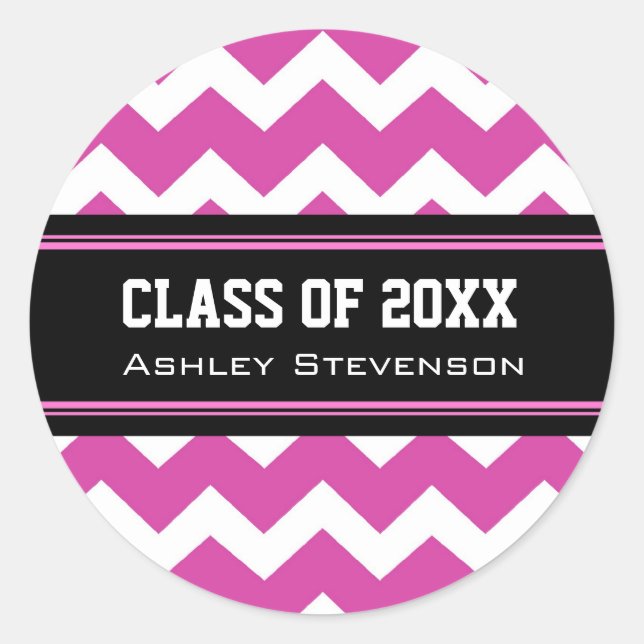Pink Black Chevrons Graduation Custom Name Classic Round Sticker (Front)