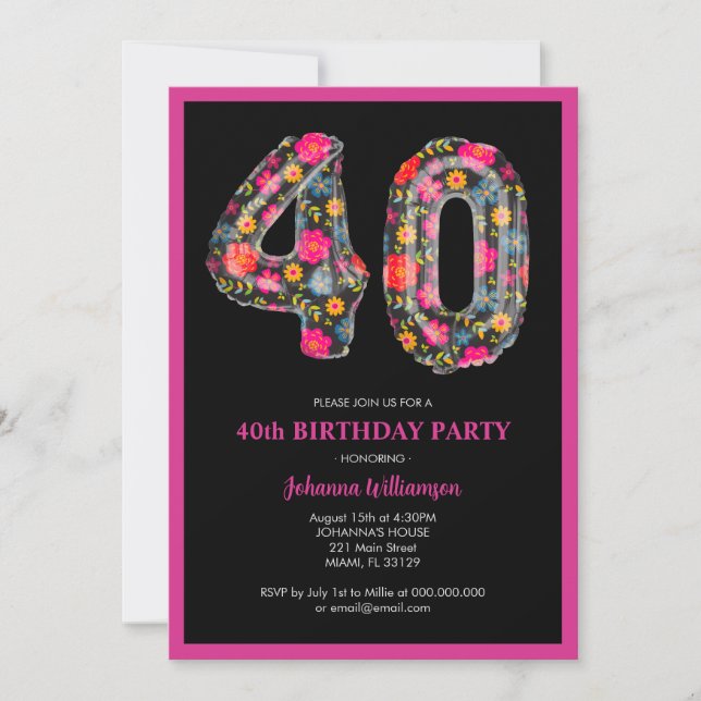 Pink Black Colourful Women 40th Birthday Party Invitation (Front)