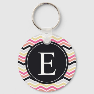 Pink Black Coral Chevron Monogram Keychain