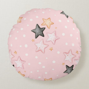 Pink Black Cream Stars Round Pillow