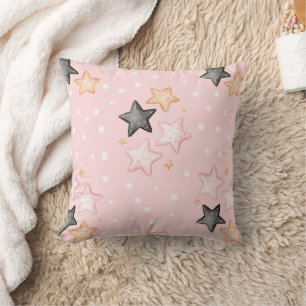 Pink Black Cream Stars Throw Pillow