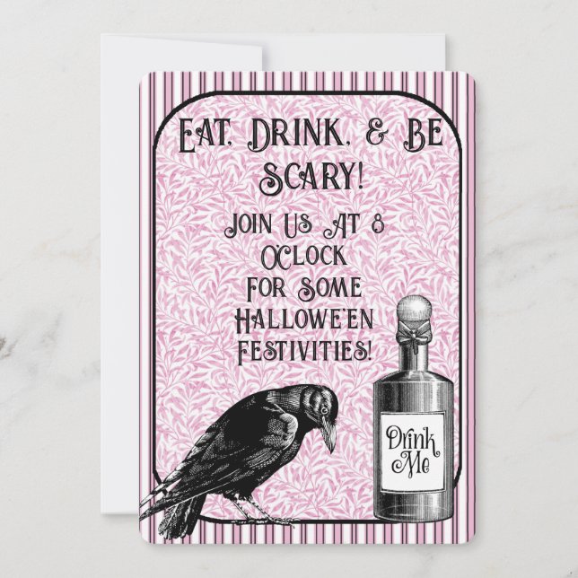 Pink Black Crow Raven Halloween Invitation (Front)