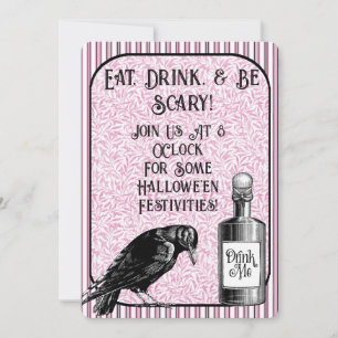 Pink Black Crow Raven Halloween Invitation