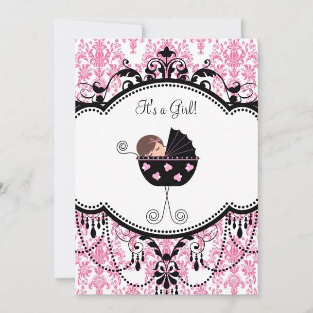 Pink Black Damask Baby Girl Douche Invitations (Devant)