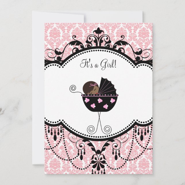 Pink Black Damask Baby Girl Douche Invitations (Devant)