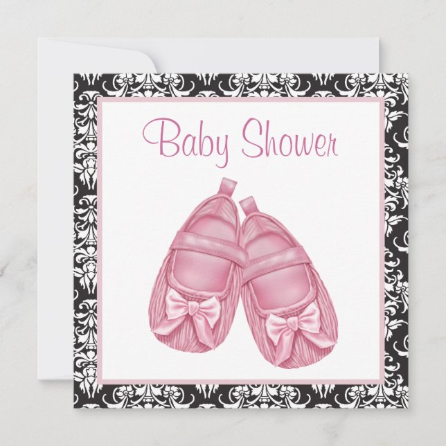 Pink Black Damask Baby Girl Shower Invitation (Front)
