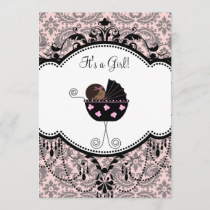 Pink Black Damask Baby Girl Shower Invitations