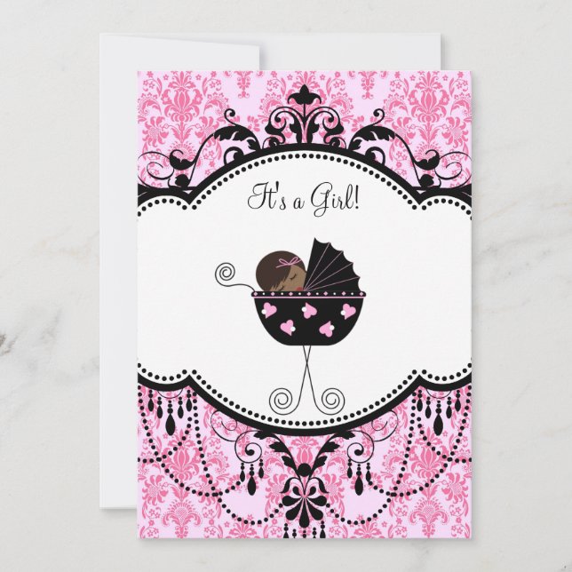 Pink Black Damask Baby Girl Shower Invitations (Front)