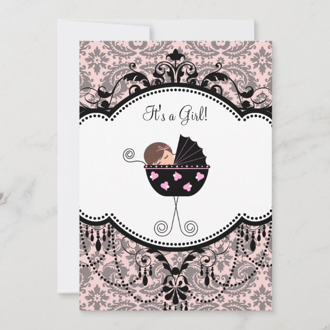 Pink Black Damask Baby Girl Shower Invitations (Front)