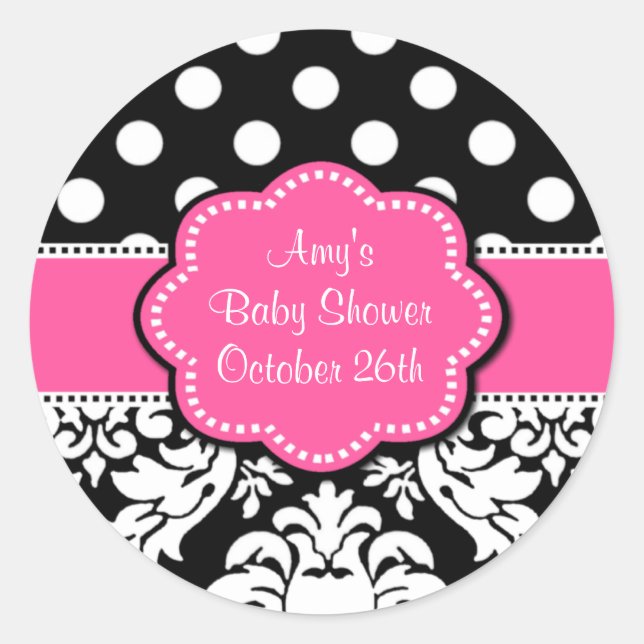 Pink Black Damask Baby Shower or Birthday Stickers (Front)
