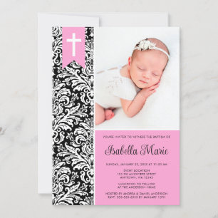 Pink Black Damask Banner Cross Photo Baptism Invitation