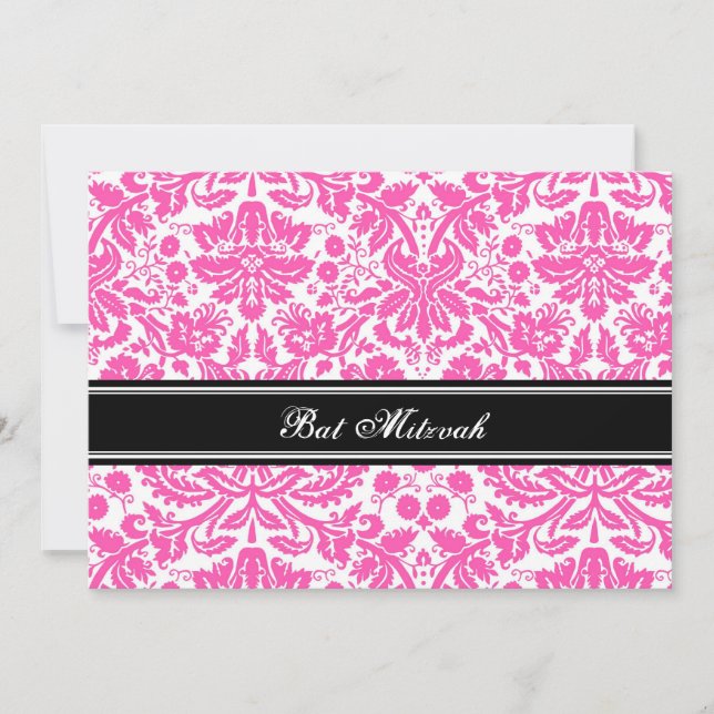 Pink Black Damask Bat Mitzvah Invitations (Front)