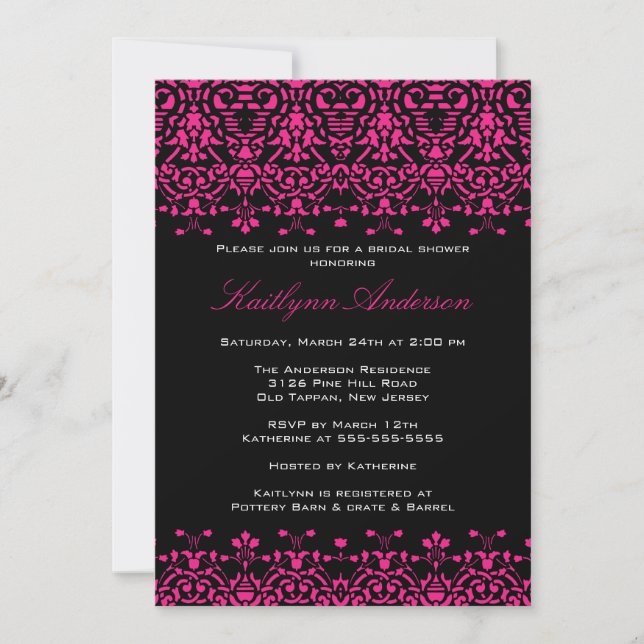 Pink & Black Damask Bridal Shower Invitation (Front)