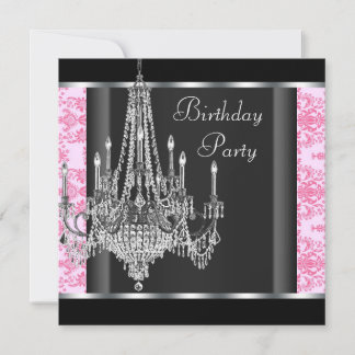 Pink Black Damask Chandelier Birthday Party Invitation