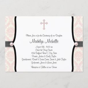 Pink Black Damask Christening Invitation