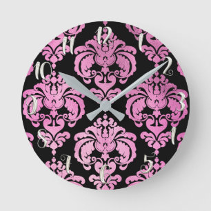 Pink & Black Damask Modern Personalized Round Clock