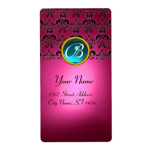 PINK BLACK DAMASK MONOGRAM, aquamarine turquase (Front)